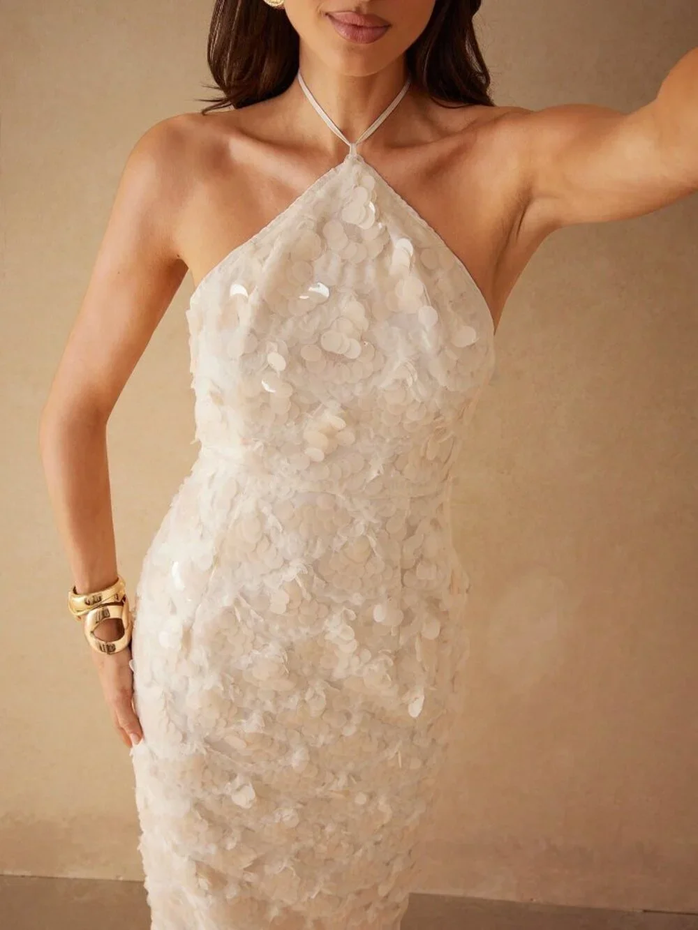 Apricot Sequined Halter-Neck Women's Backless High-Slit maxi Dress